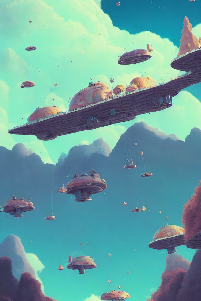 Fantasy landscape with floating islands and futuristic flying vehicles