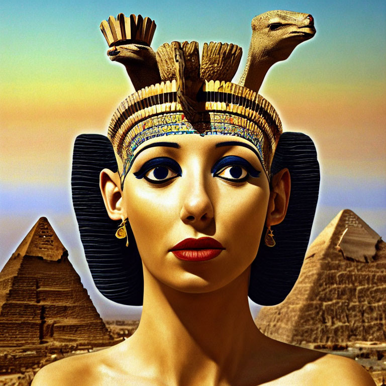 Digital artwork: Person styled as Egyptian pharaoh with headdress, makeup, pyramids.