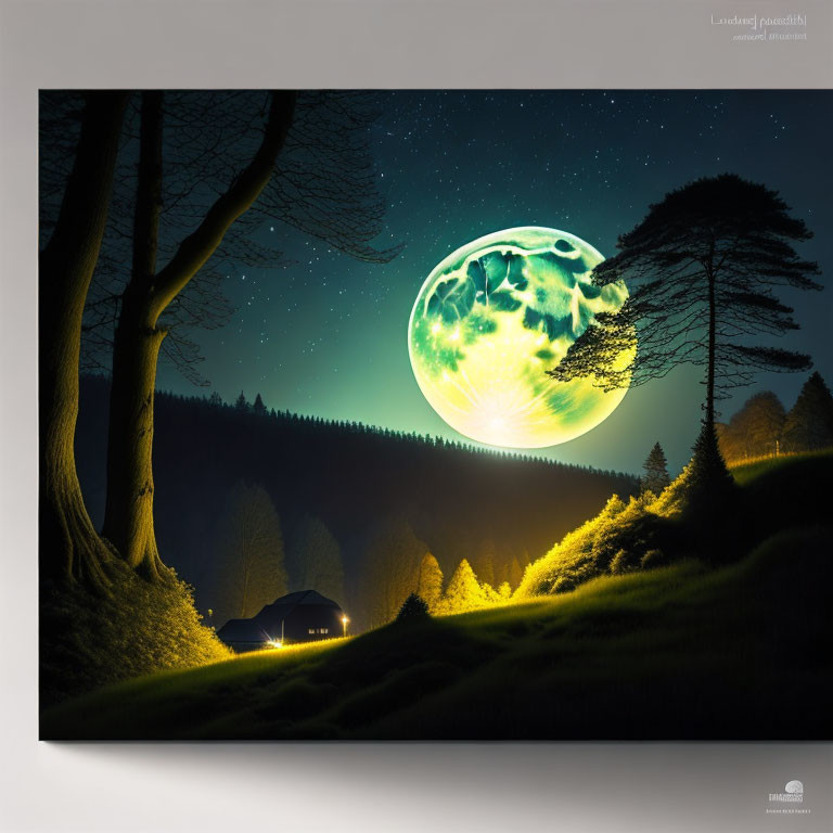 Surreal night landscape with oversized glowing moon and small house