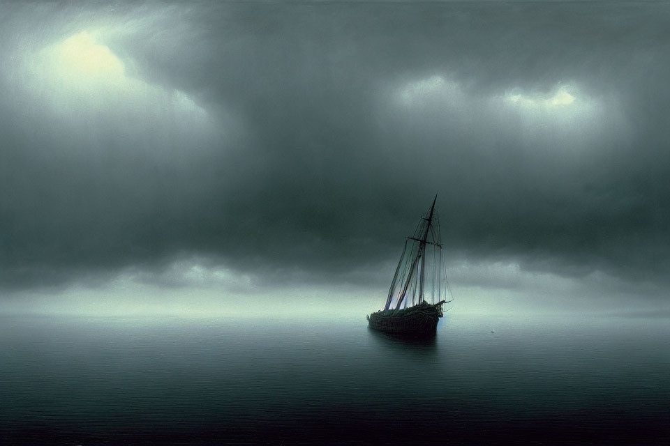 Solitary sailboat under gloomy sky on calm sea