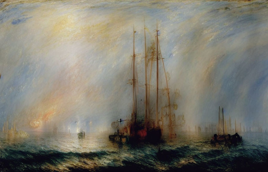 Dark and warm-toned painting of ships at sea with ethereal quality
