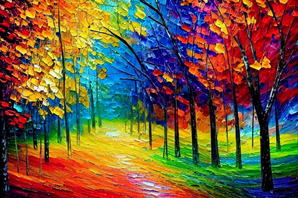 Colorful Impressionistic Painting of Tree-Lined Forest Pathway