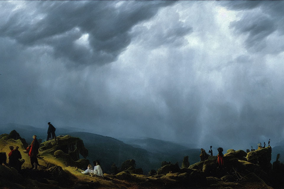Expressive painting of figures on rocky outcrop under stormy sky