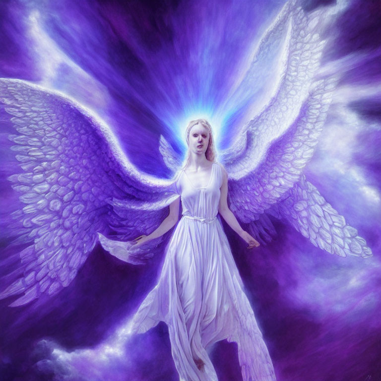 Radiant figure with angelic wings in purple haze and white gown
