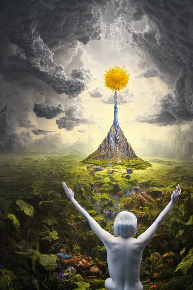 Person with raised arms in surreal landscape with glowing dandelion on mountain under cloudy sky