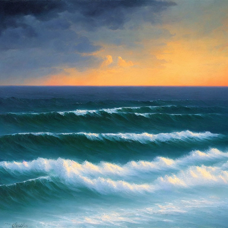 Stormy Sea Painting with Rolling Green Waves and Orange Sunset Sky