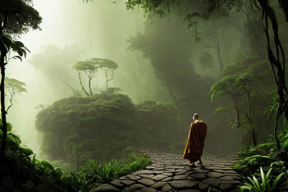 Monk in orange robes walking on cobblestone path in lush green forest