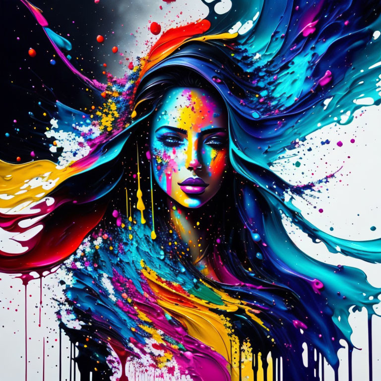 Colorful portrait of a woman with flowing hair and paint splatters on dark background