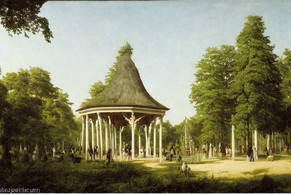 Tranquil park scene with lush green trees and a central gazebo on a sunny day