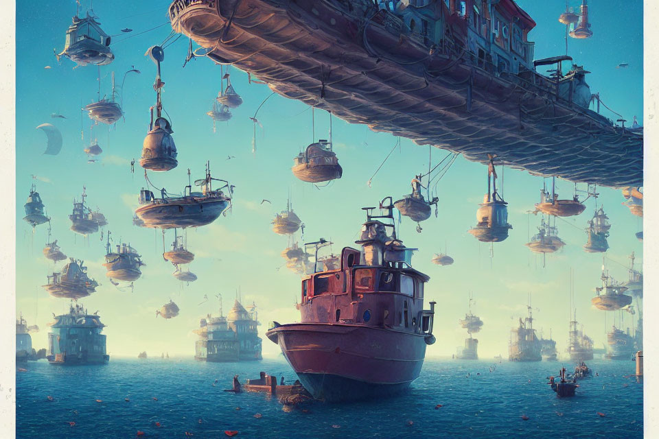 Various ships floating above ocean with buildings and boats under blue sky