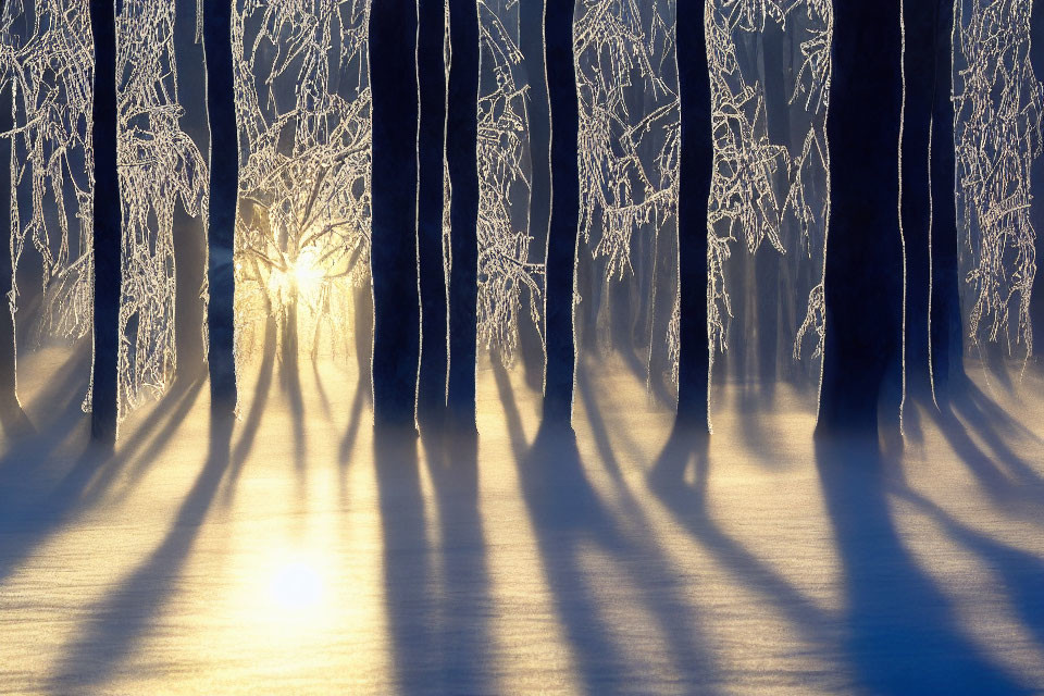 Winter sunrise illuminates frost-covered forest floor.