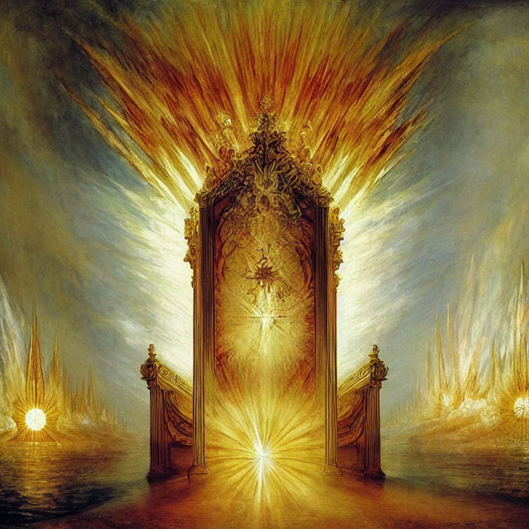 Golden door with radiant light and fire-like beams in fantastical setting