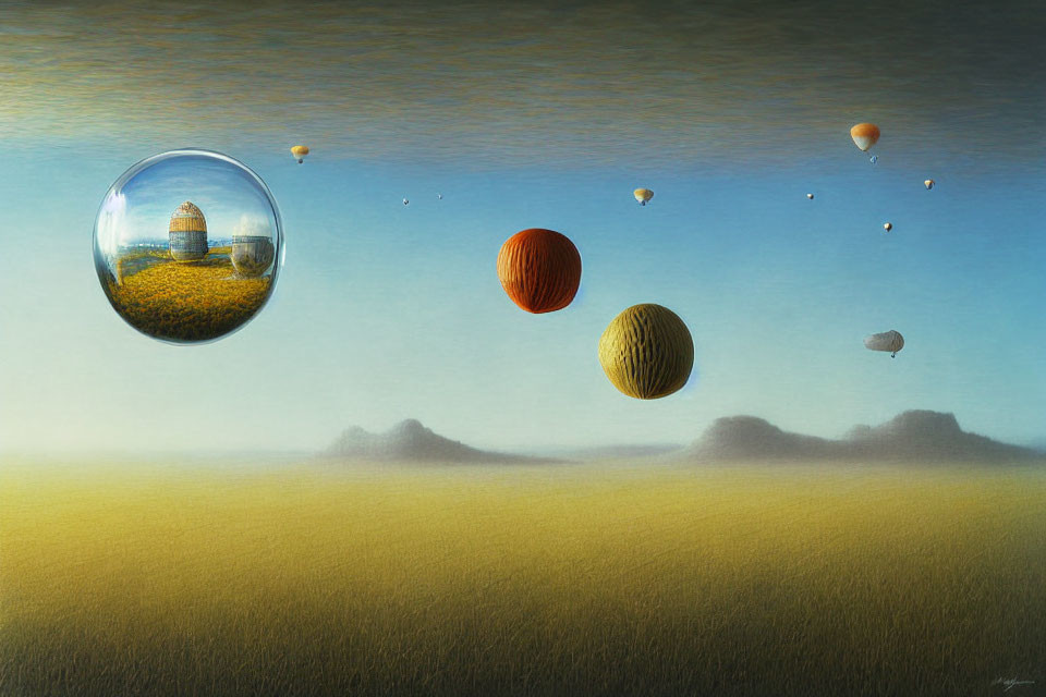 Surreal landscape with floating spheres and hot air balloons over golden field