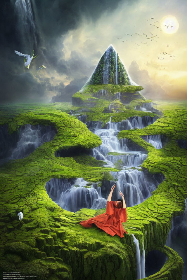 Person in Red Cloak Resting in Lush Landscape with Waterfalls