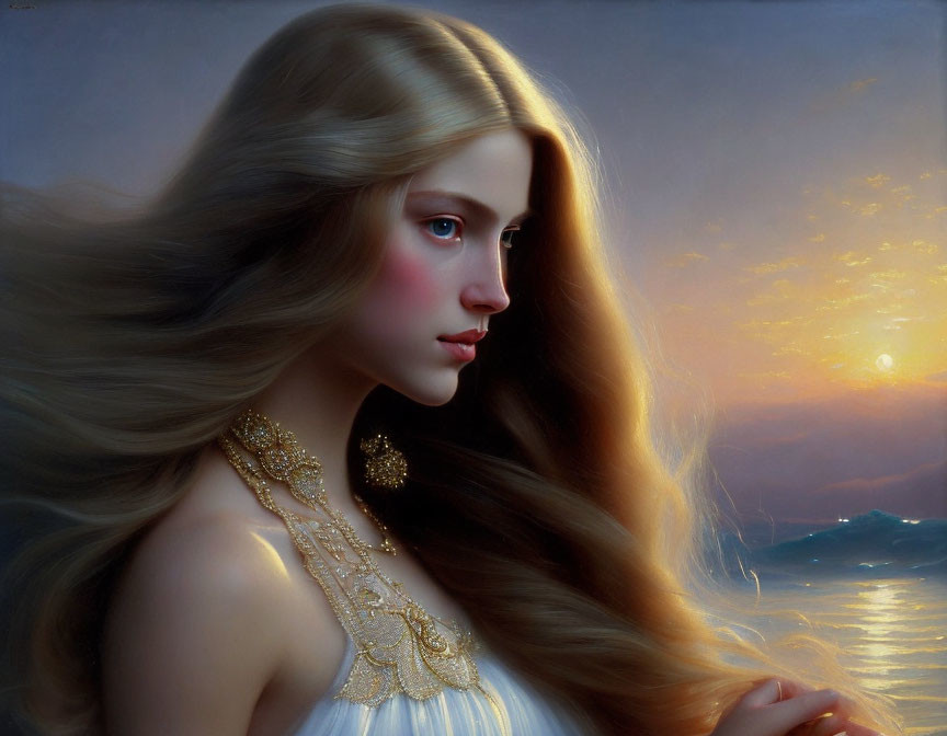 Woman with flowing hair in white dress, sunset over ocean background