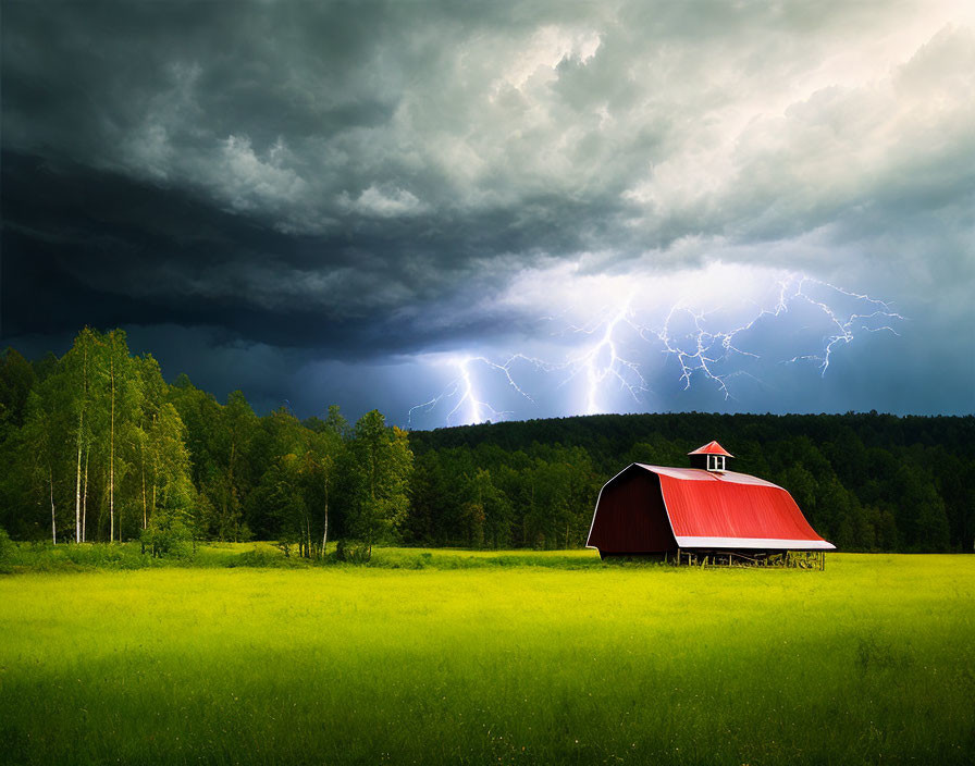 Red barn in green field under dramatic sky with lightning bolts