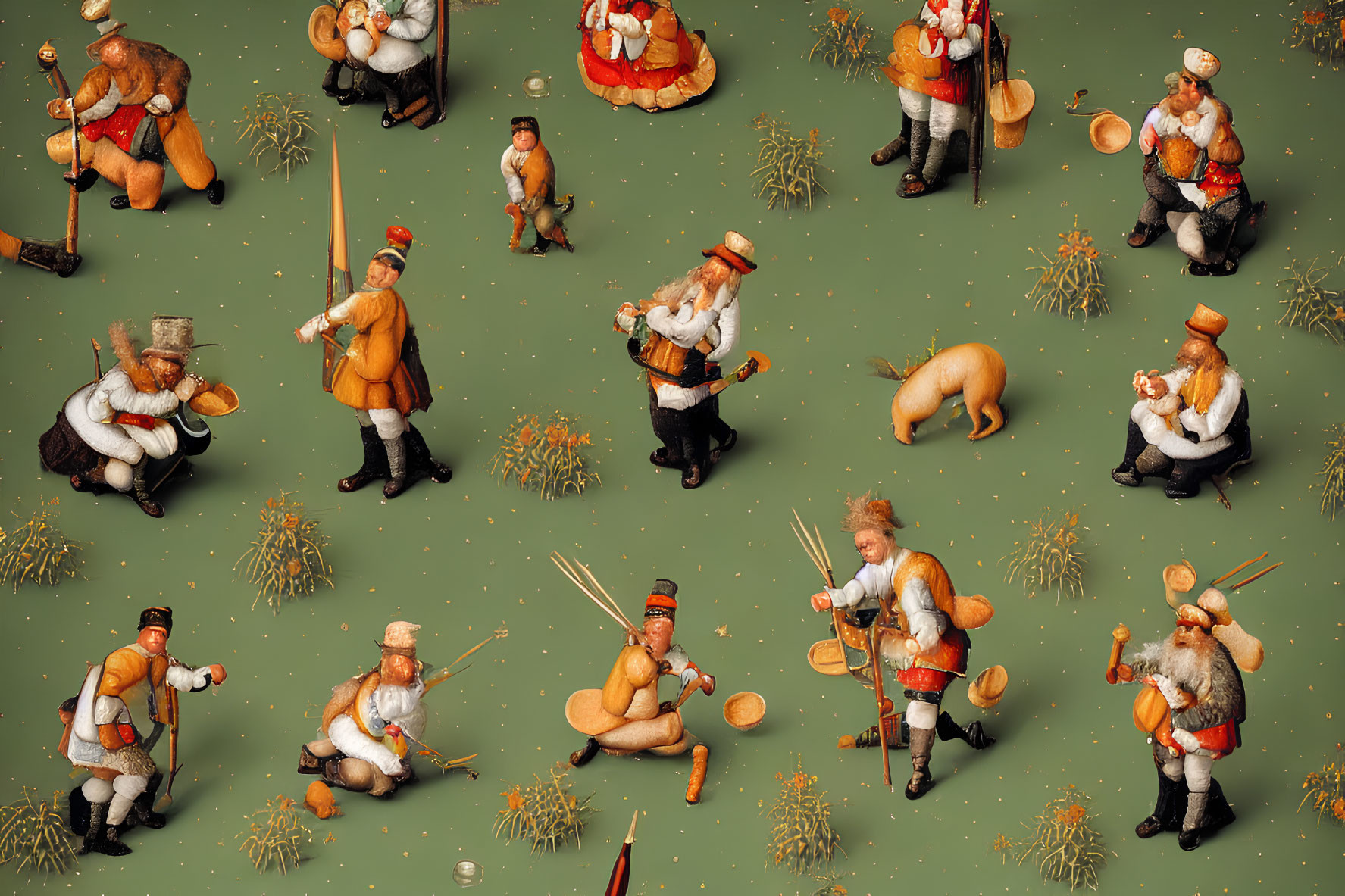 Collection of Santa Claus miniature figures playing musical instruments on green background