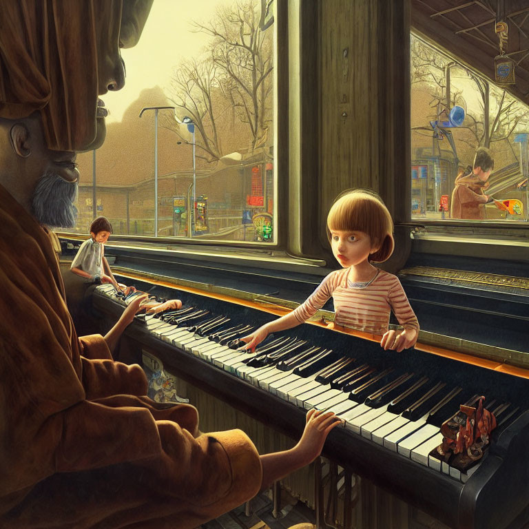 Child and elderly person play piano by window overlooking city street.