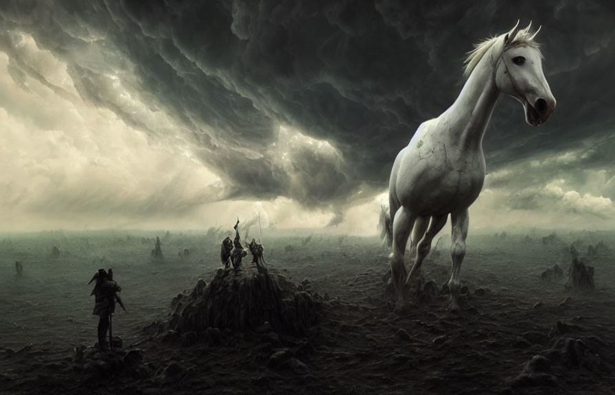 Ghostly White Horse and Armored Figures in Stormy Landscape