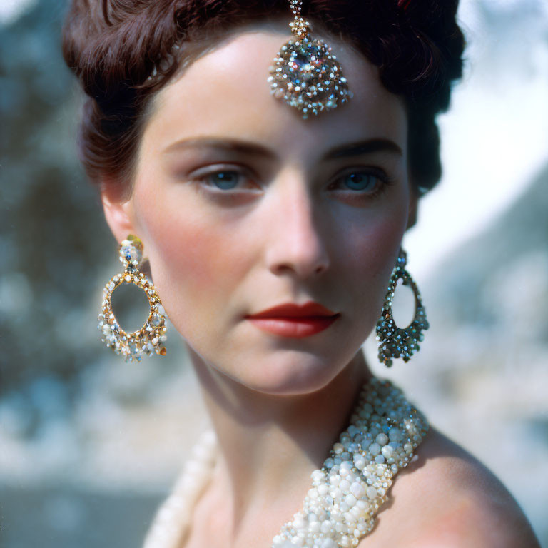 Vintage makeup portrait of a woman with ornate headpiece, hoop earrings, and pearl necklace