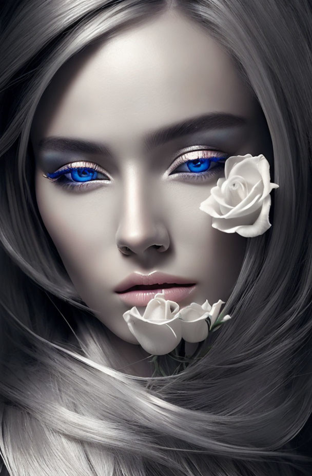 Grayscale image of woman with blue eyes and white roses in hair