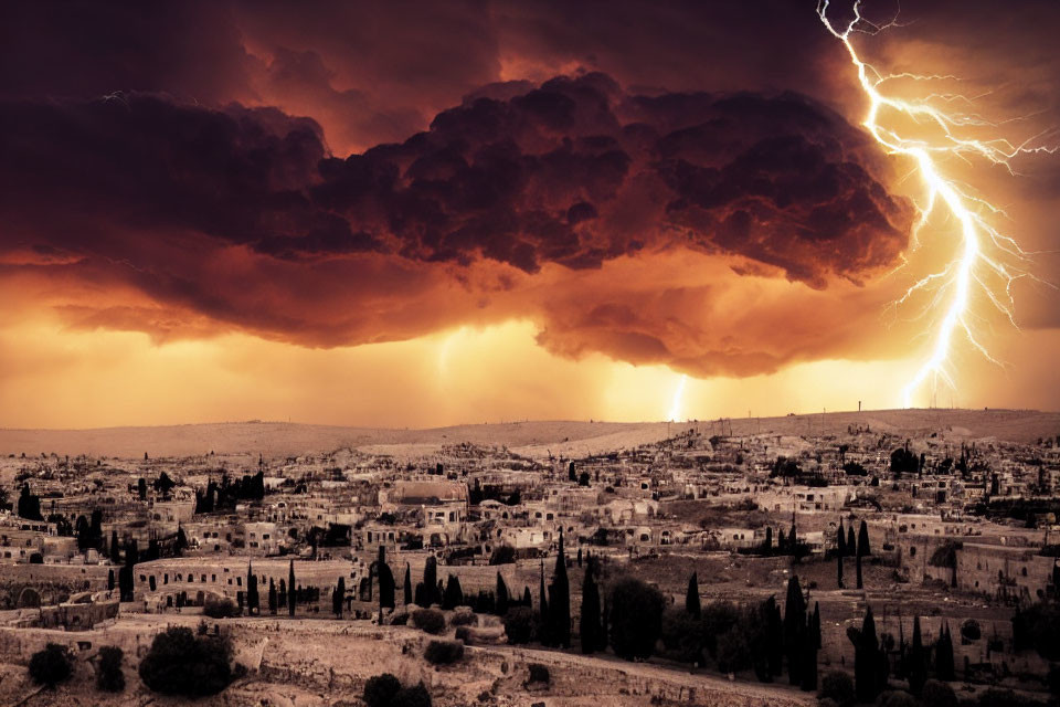 Dramatic Lightning Storm Over Ancient Cityscape