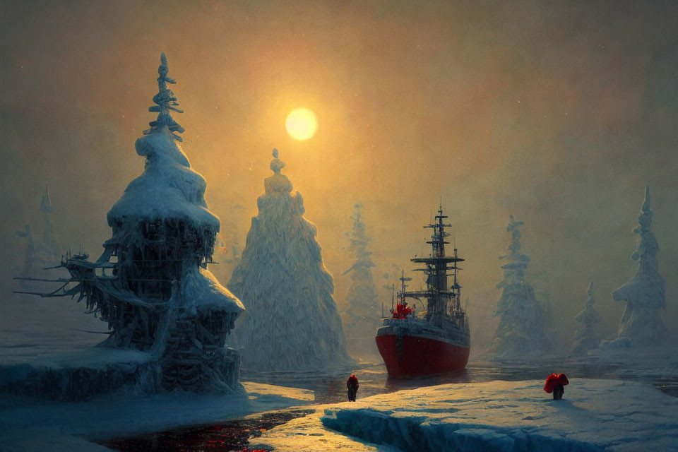 Snowy Landscape with Red Ship, Icy Shore, and Snow-Covered Trees