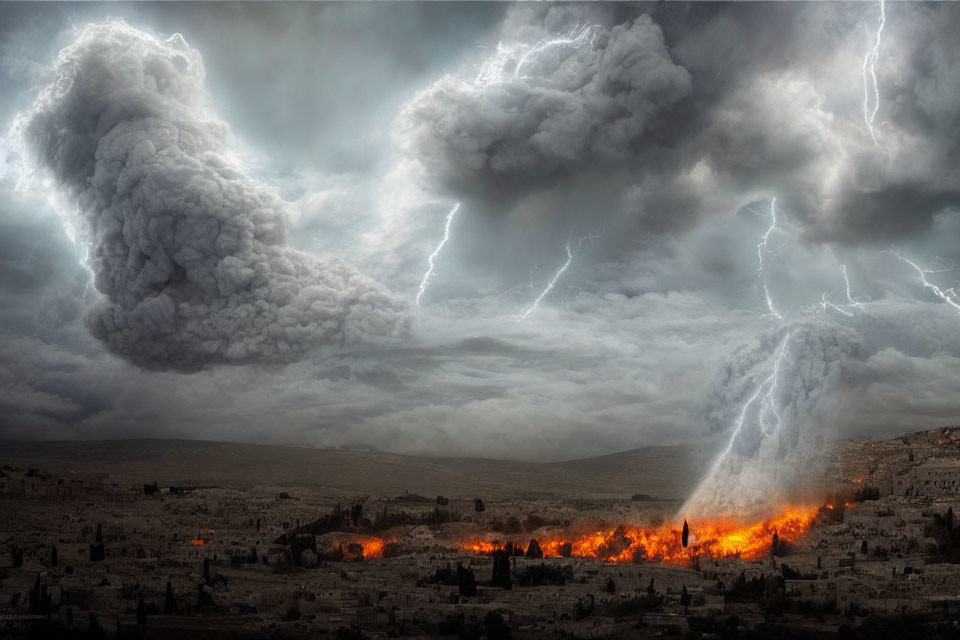 Dark storm clouds, lightning strikes, and fiery blaze in desolate city landscape