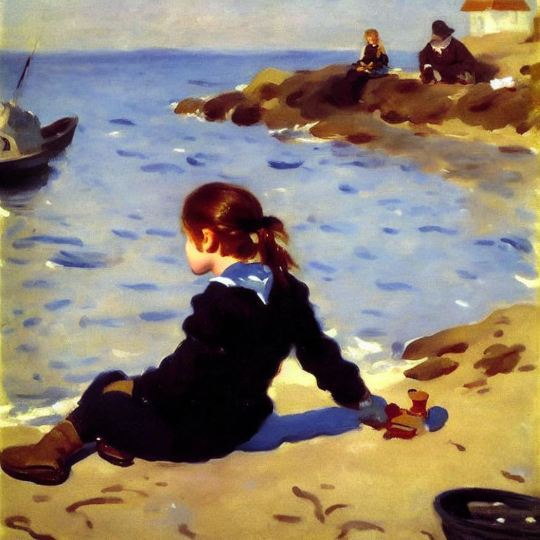 Child in black outfit playing on sandy beach with figures and boat in background