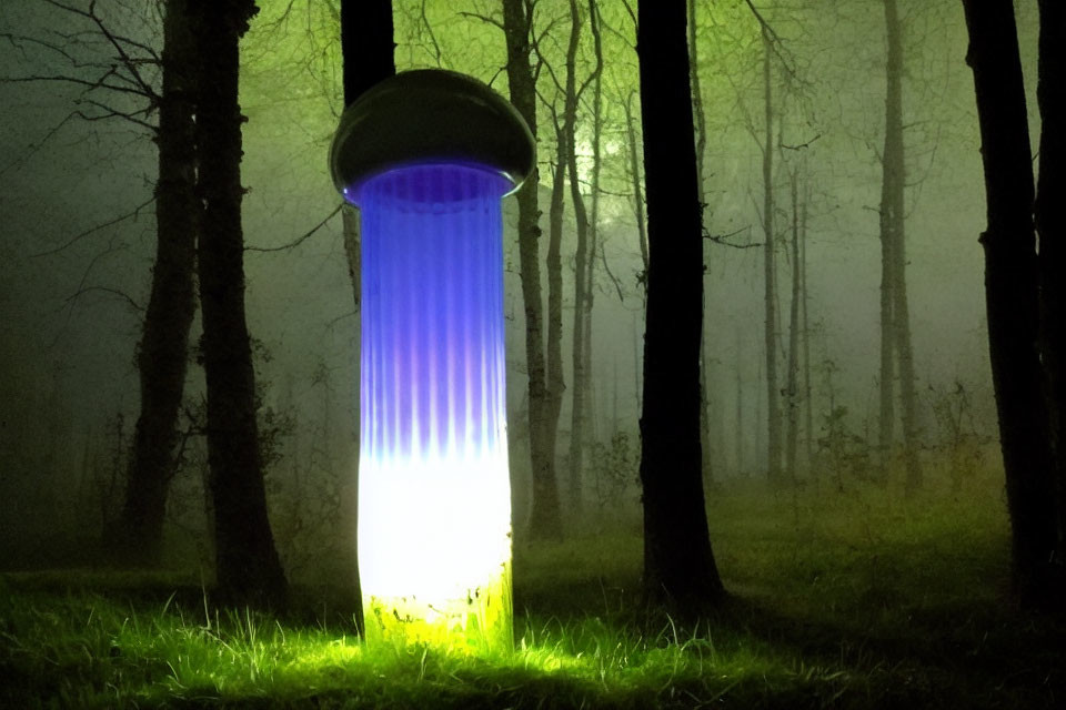 Mushroom-shaped lamp lights up foggy forest at night