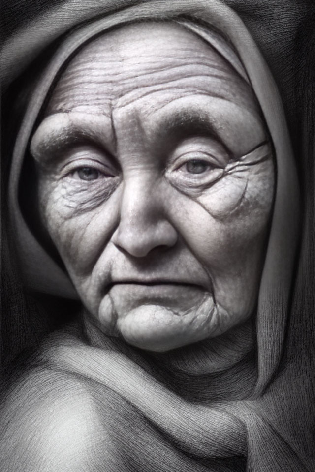 Portrait of elderly woman with deep wrinkles and expressive eyes in shawl