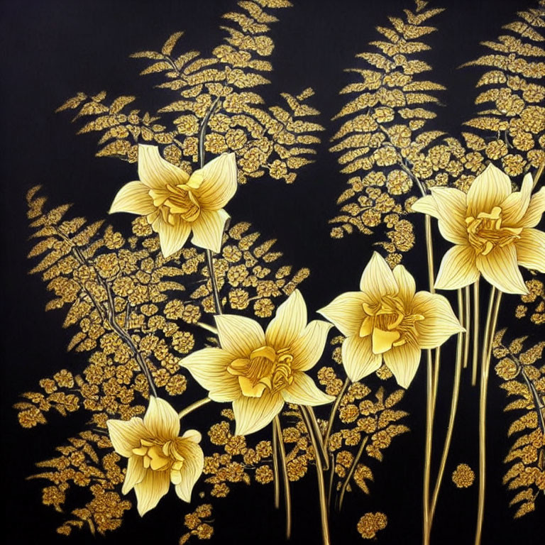Elegant golden flowers and leaves on black background
