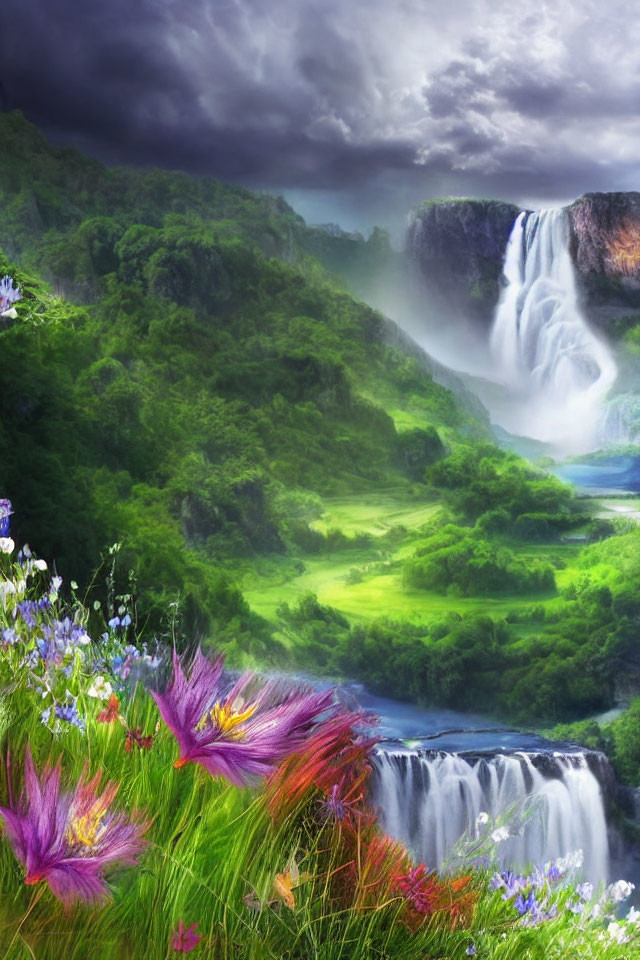 Scenic green valley with vibrant flowers, dual waterfalls, and ominous clouds.