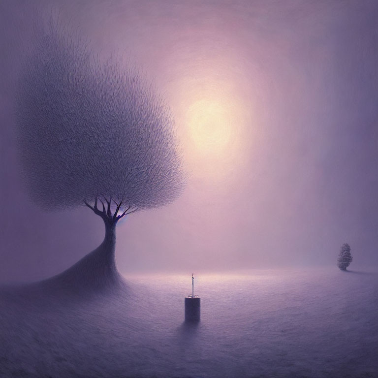 Purple-hued surreal landscape with leafless tree, well, and glowing orb