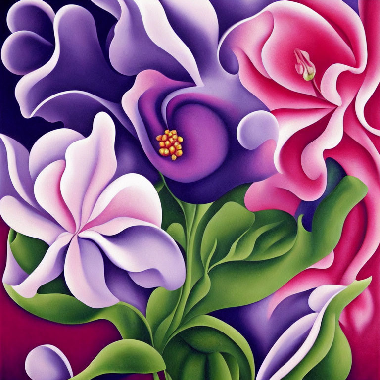 Colorful painting of purple, pink, and white flowers with green leaves