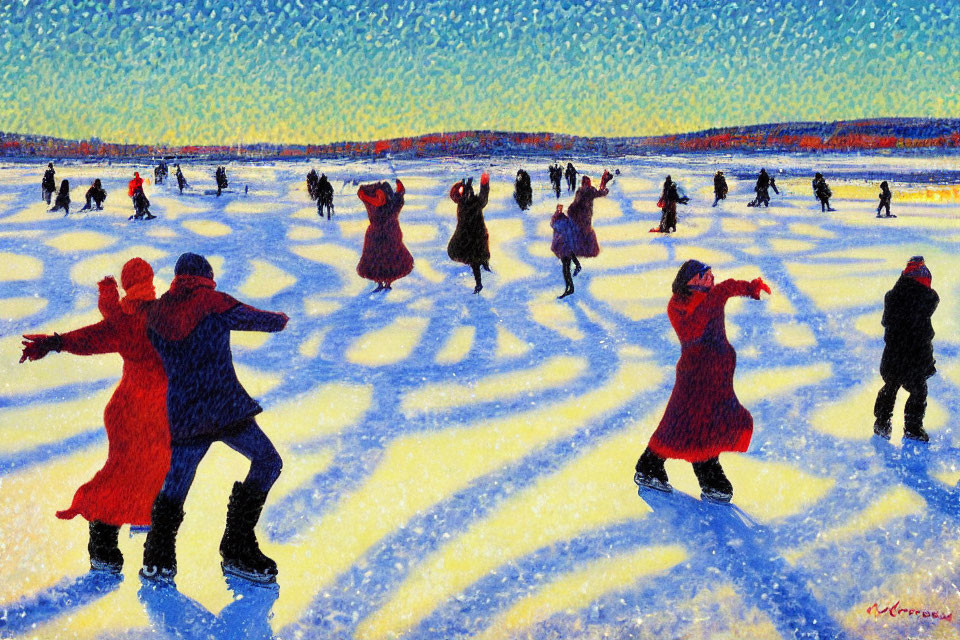 Vibrant ice skating scene on frozen water with shadows under blue sky
