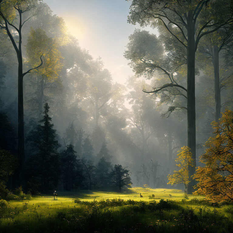 Tranquil forest scene with soft sunlight filtering through tall trees