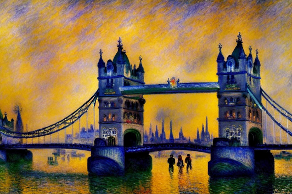Tower Bridge in London at Dusk with Orange and Yellow Sky Hues