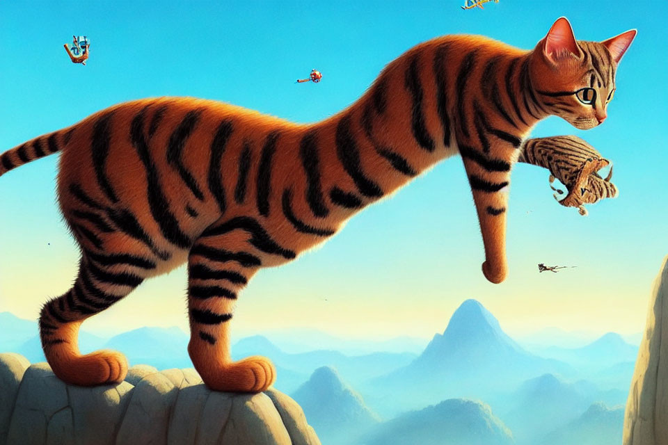Whimsical digital artwork: Giant cat with tiger stripes among mountains