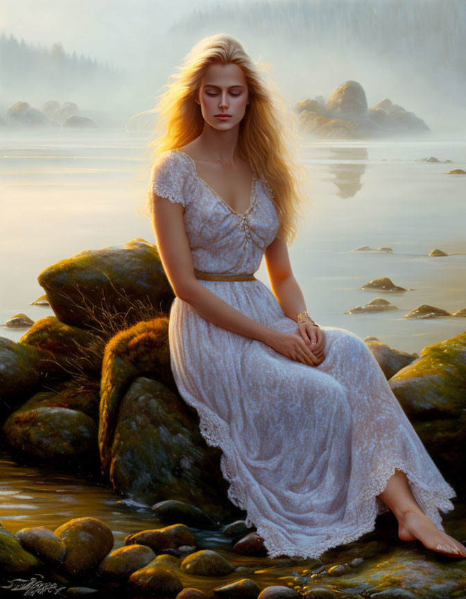 Blonde woman in white dress by tranquil lake at sunset
