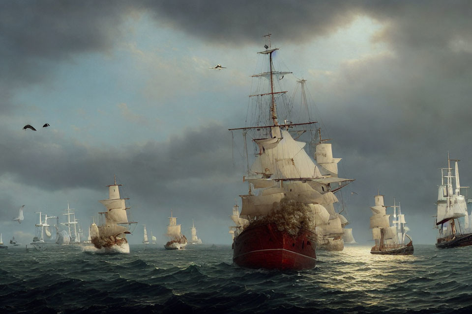 Tall ships with billowing sails in stormy seas and cannon smoke.