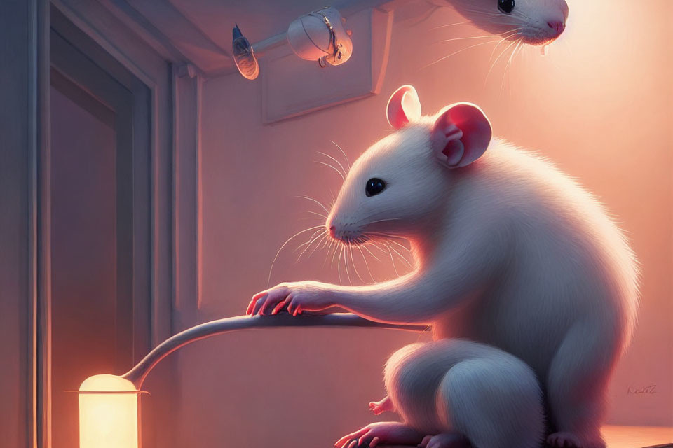 Stylized white mouse turning on floor lamp with smaller mouse observing