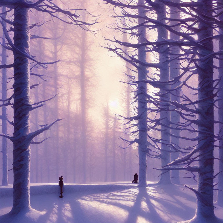 Winter forest with person, wolf, tall trees, and pink sunrise.