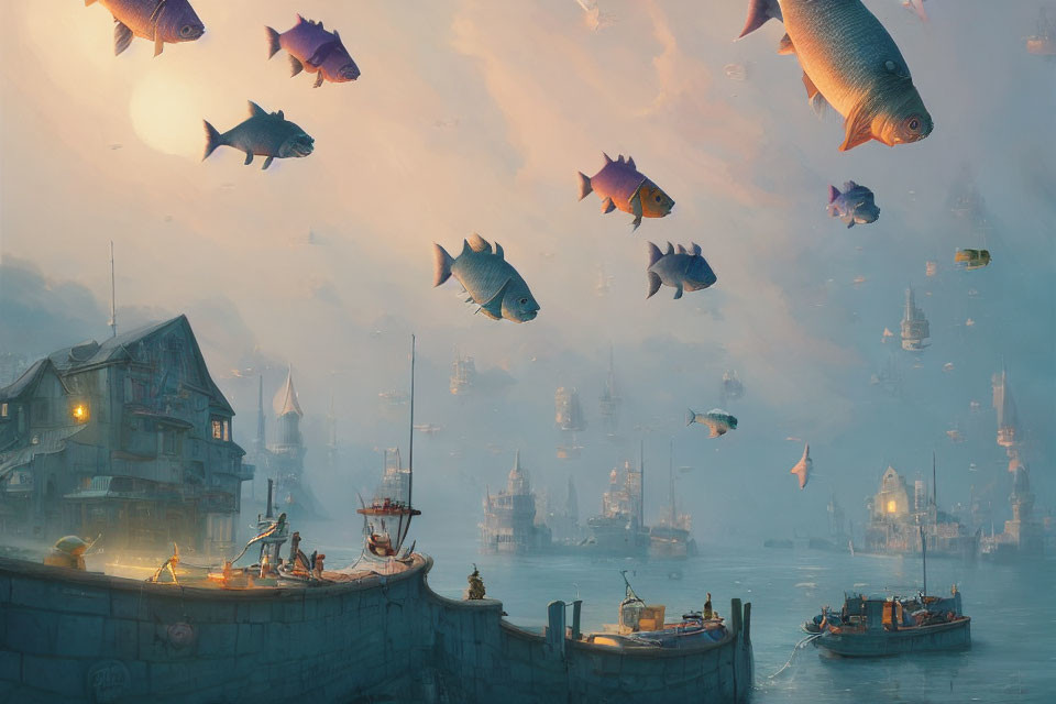Fantastical sunset cityscape with floating fish, boats, and misty buildings