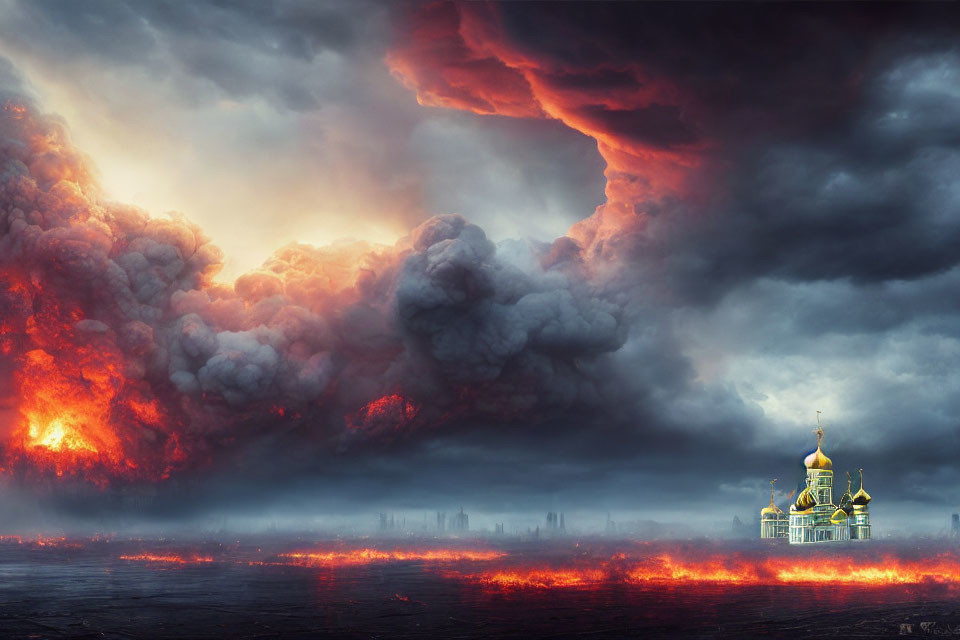 Apocalyptic scene with golden-domed building in fiery skies