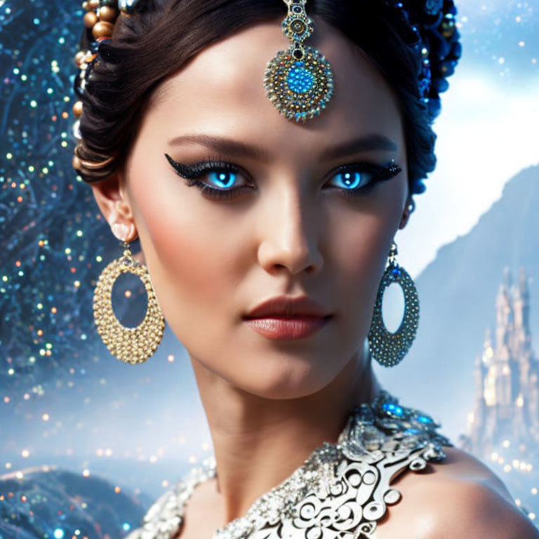 Woman with Striking Blue Eyes and Elaborate Jewelry on Sparkling Background