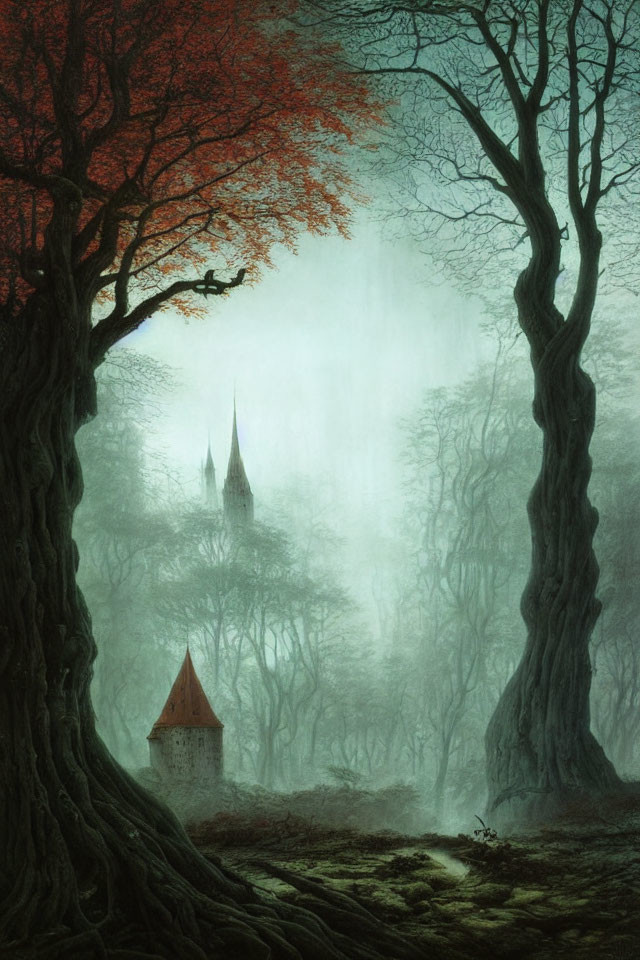 Majestic forest scene with mist, red-leaved tree, and ancient castle spires