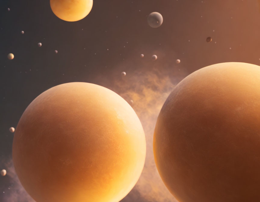 Surreal cosmic scene with large rocky planets and moons in warm space atmosphere