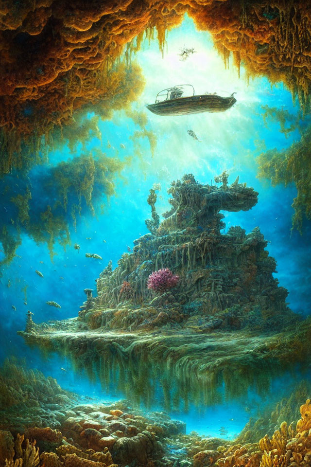 Sunken boat on coral rock with fish in mystical light