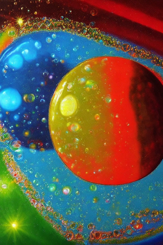 Colorful Oil Drops in Water: Red, Blue, and Yellow Psychedelic Pattern